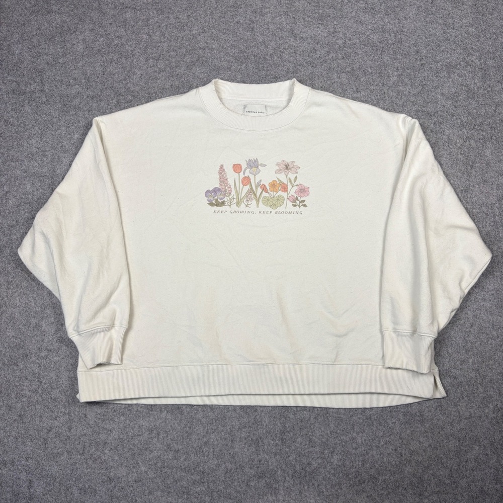 American Eagle Floral Keep Growing Keep Blooming Sweatshirt Cream Medium